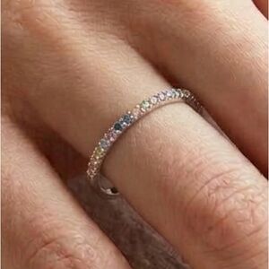Rainbow Gemstone Eternity Band Ring Silver Tone